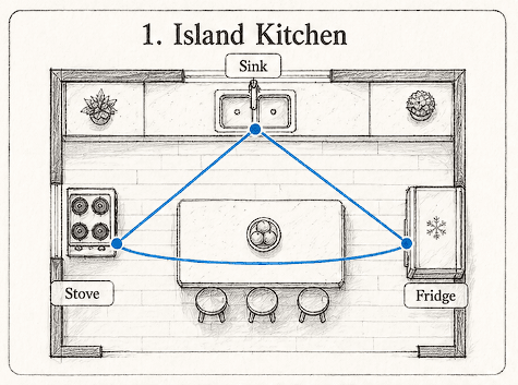 Island Kitchen work triangle diagram showing stove, sink, and fridge placement