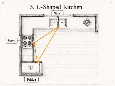 L-Shaped Kitchen work triangle diagram showing stove, sink, and fridge placement