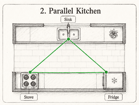 Parallel Kitchen work triangle diagram showing stove, sink, and fridge placement