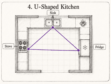 U-Shaped Kitchen work triangle diagram showing stove, sink, and fridge placement